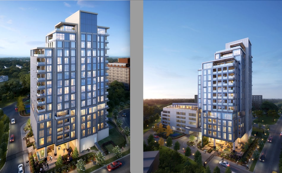 Figure 1 Refined designs for Veridian Buckhead upper floors, amenities, and base-level entries along Pharr Road in Buckhead. Dezhu US; designs, Goode Van Slyke Architecture